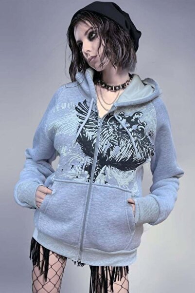 BALİNA Gri Melanj Gotik Wings Tribal Harajuku Y2K Kapüşonlu Unisex Hırka