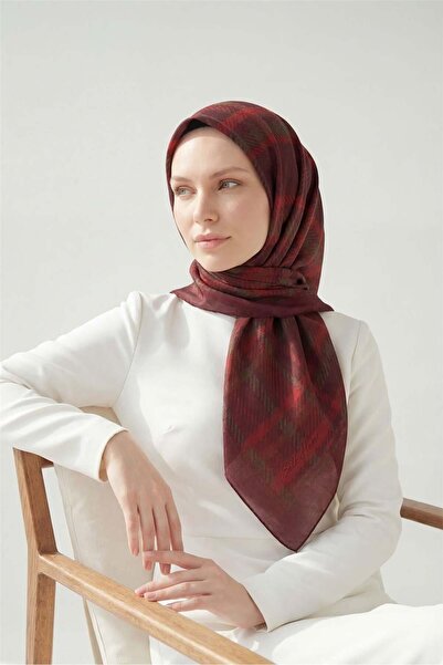 Silk Home Κασκόλ βισκόζης βελόρα με καρό σχέδιο, μπορντό χρώμα, με υποστήριξη...