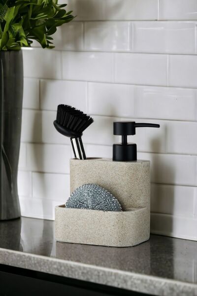 Saule Polyresin Fırçalı Süngerli Tezgah Üstü Sıvı Sabunluk Mutfak Banyo Deter...