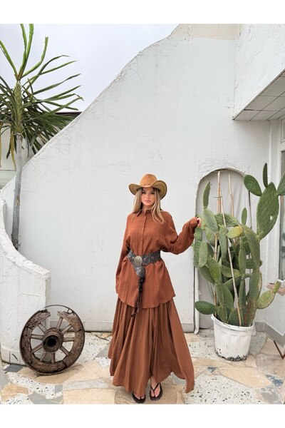 REFİŞ BUTİK VE AKSESUAR Elastic Waist Long Pocketed Seersucker Skirt