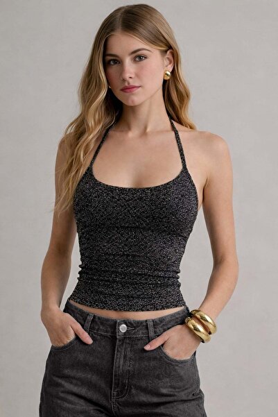 Baluxe Γκλίτερ Πλεκτή Μπλούζα με Λαιμόκοψη Halter και Στενή Εφαρμογή