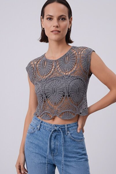 Cistern İstanbul Γυναικεία δαντελωτή κεντημένη κοντομάνικη πλεκτή μπλούζα