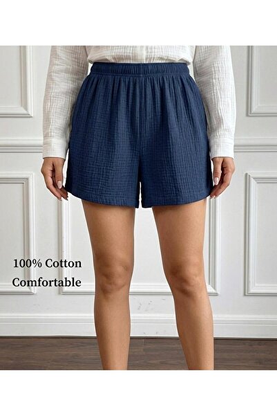 LOUİSA Women's Indigo Blue Woven Muslin Fabric Comfortable Fit Shorts