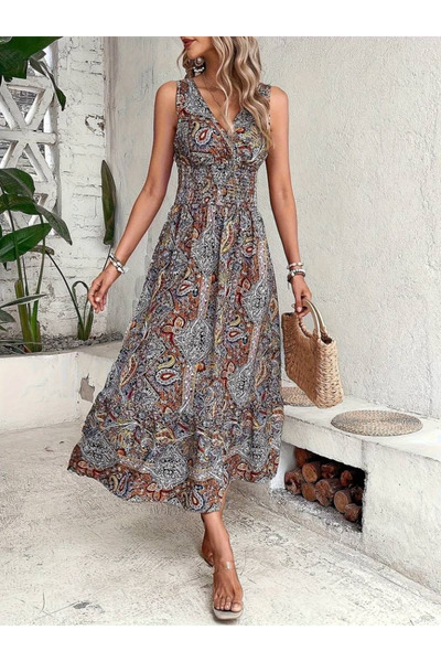 Wear Up Γυναικείο μονό ζέρσεϊ φόρεμα με έθνικ σχέδιο με μηδενικό μανίκι