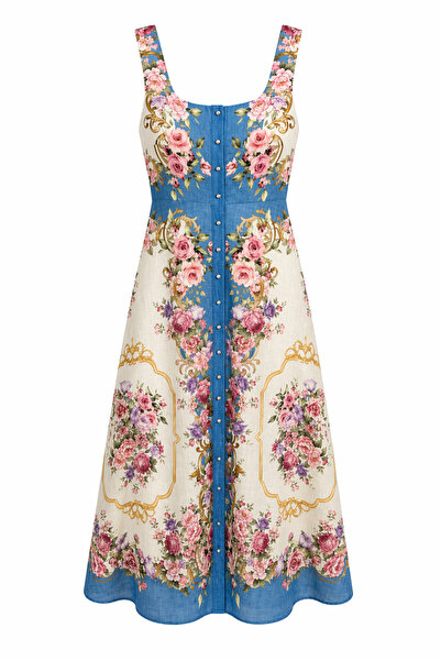 HAZELANNA Μπαρόκ φόρεμα με λουλουδάτο σχέδιο και κουμπιά σε μπλε χρώμα