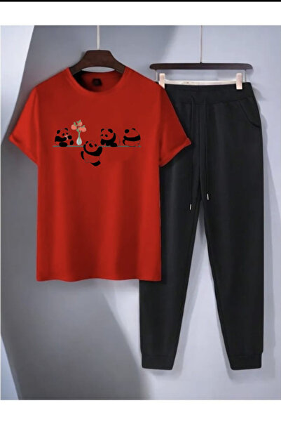 Nivorix Panda Print Top and Bottom Tracksuit Set Oversize Crew Neck