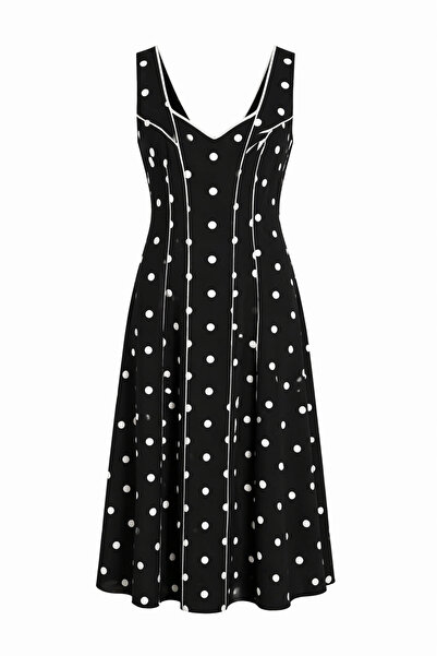 HAZELANNA Πουά Μαύρο Φόρεμα με Ριμπ Λεπτομέρειες