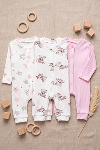 Noone Cotton Ribbed Snap-On 3-Piece Baby Bodysuit Set Star Bear Pink
