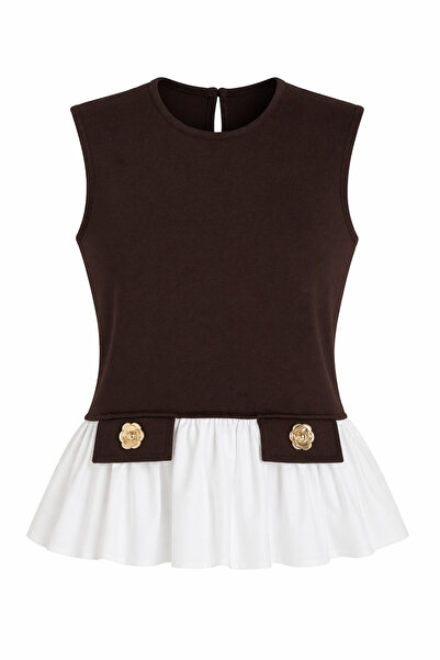 HAZELANNA Καφέ μπλούζα με χρυσές λεπτομέρειες και βολάν