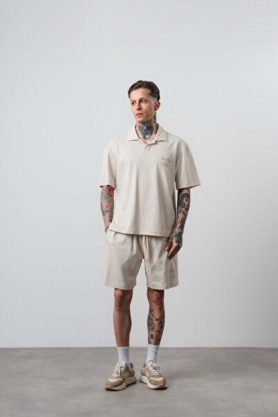 Respire Men's La Dolce Vita Written Regular Fit T-Shirt Shorts Set Beige