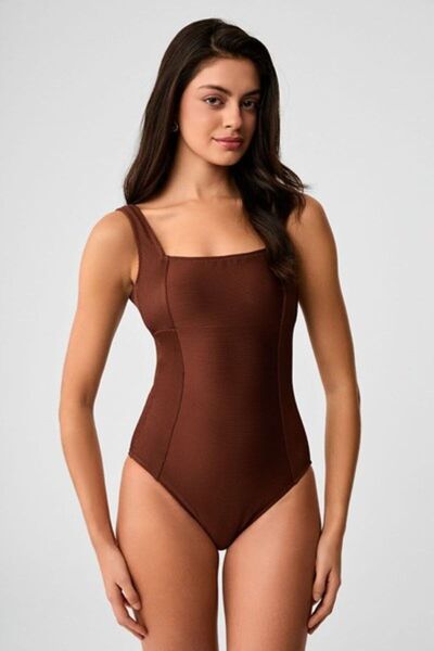 Kom Γυναικείο μονόχρωμο μαγιό με τετράγωνο λαιμόκοψη, υφασμάτινη υφή και κορσ...