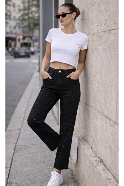 Rich Star Γυναικείο παντελόνι με στρας μπροστά και πίσω, με κοψίματα στα μπατ...