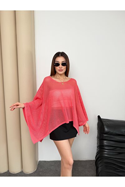 TOFİX textile Kadın File Triko Panço Bluz Salaş Oversize Yarasa Kol Yazlık Ör...