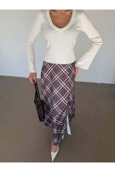 myd Geometrik Desenli Saten Etek - Füme