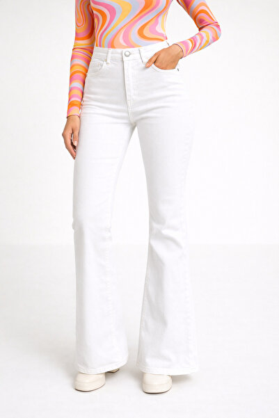 DELDNM Sasha Λευκό Ψηλόμεσο Παντελόνι Λύκρα με Φαρδιά Μπατζάκια και Ισπανικό ...