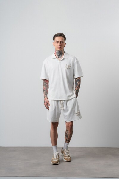 Respire Men's La Dolce Vita Written Regular Fit T-Shirt Shorts Set Ecru