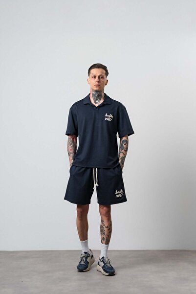 Respire Men's La Dolce Vita Written Regular Fit T-Shirt Shorts Set Navy Blue