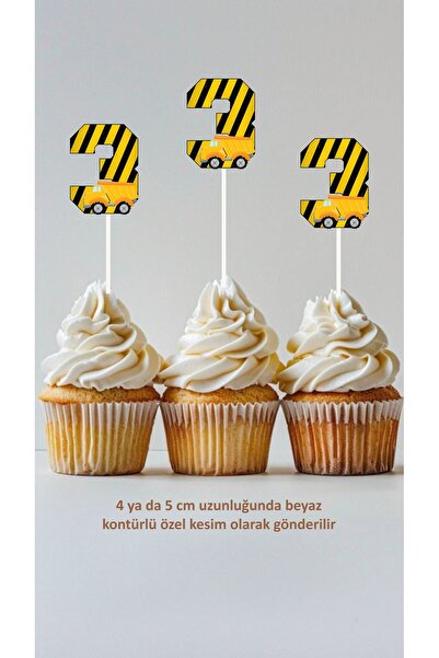 Sinek Kupası Tasarım 3 Yaş İnşaat Konsept Kürdanlı Cupcake Süsü Doğum Günü Sü...