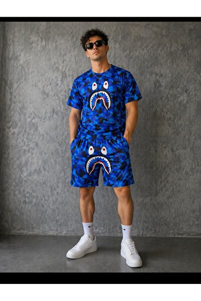 vorian Bape Tshirt and Shorts Printed Blue Adult Unisex Two-Piece Set