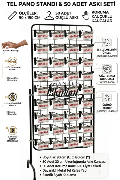 Manken İstanbul 90 x 190 Cm Tel Pano Standı - 50 Adet Etiketli Askı Çubuklu E...