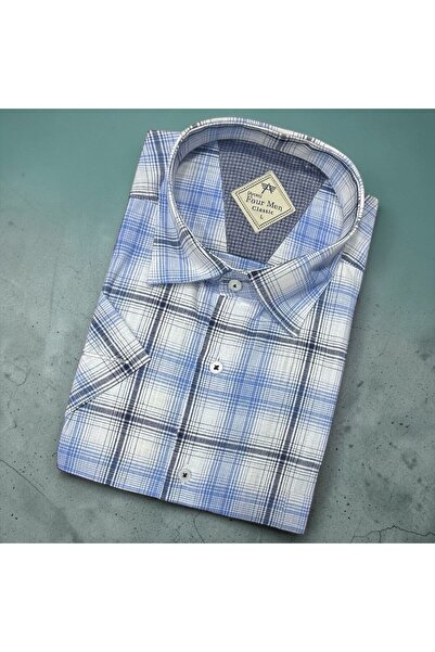 EREN STYLE Λινό κλασικό πουκάμισο από 100% βαμβάκι με κοντά μανίκια και αντιι...