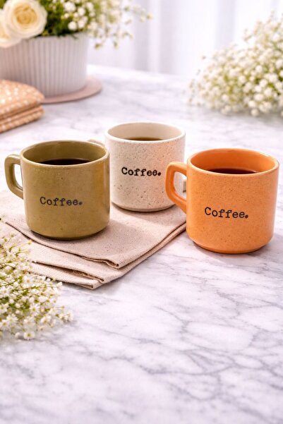 ROYAL GİFT 3'lü Coffee Yazılı Seramik Kupa Seti –Şık Tasarım Kahve Kupası – G...