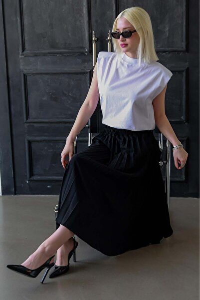 Seeh Μαύρη πλισέ γυναικεία φούστα μήκους midi SH374