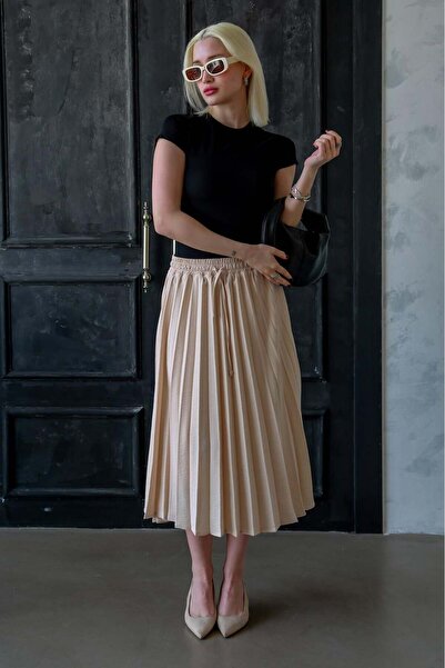 Seeh Μπεζ Πλισέ Γυναικεία Φούστα Μίντι SH374