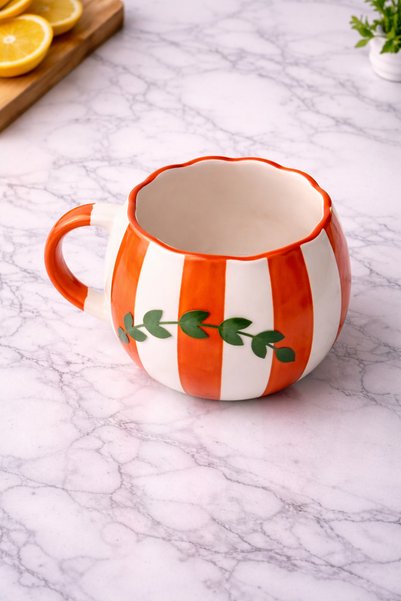 Kotium Ceramics Orange Stripe Branch Patterned Mouth Wave Detail Custom Embossed Fully Handmade Ceramic Mug