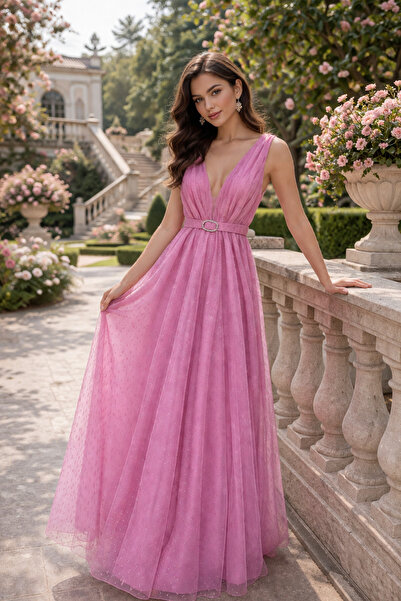 Divin store Κομψό ροζ φόρεμα από οργαντίνα με πουά.