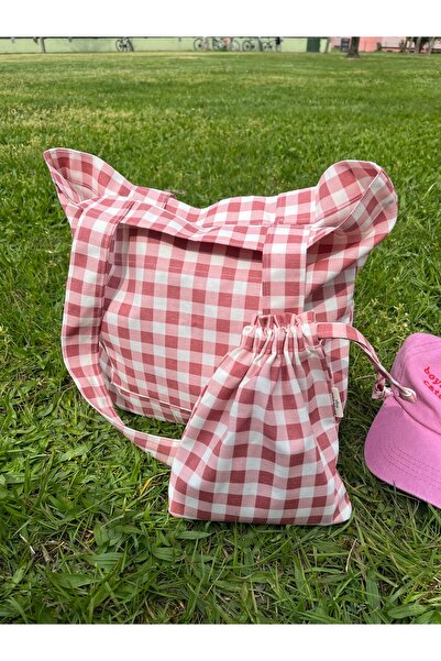 Sumicorn Design Pembe Pötikareli Tote Bez Çanta ve Kese Seti,Cepli Keten Kol ...