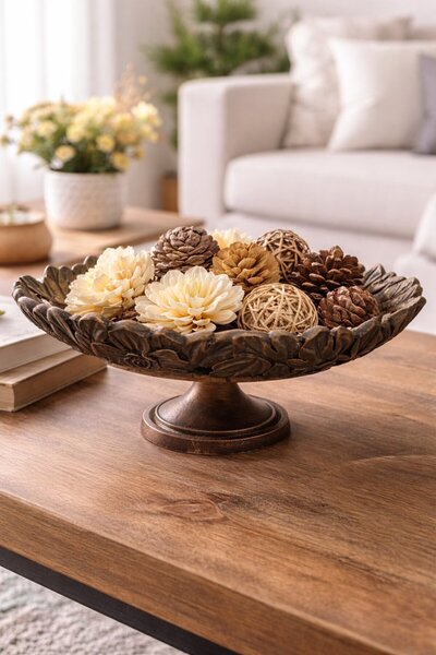 Baykuşca Bronz Eskitme Desenli Çiçekli Sunumluk 26 cm çaplı