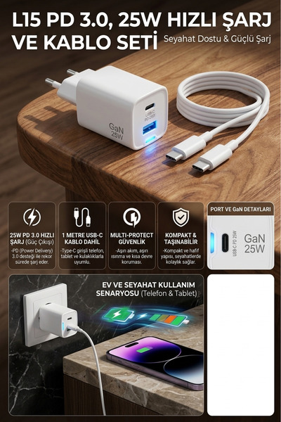 HİBOTEKNO 25W PD 3.0 Süper Hızlı Şarj Seti | USB-C Girişli Başlık + 1M Type-C...
