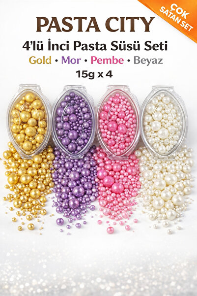 pastacity Pasta City 4’lü İnci Pasta Süsü Seti Gold Mor Pembe Beyaz 15g x 4 (Toplam 60g) Yenilebilir Dekor