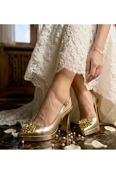 Wesby Κομψά νυφικά παπούτσια με τακούνι και πλατφόρμα από πέτρες - FELİSYABUTİK