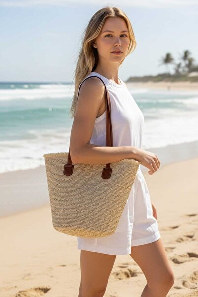 Aware Time Γυναικεία τσάντα ώμου με ψάθινη επένδυση και φερμουάρ