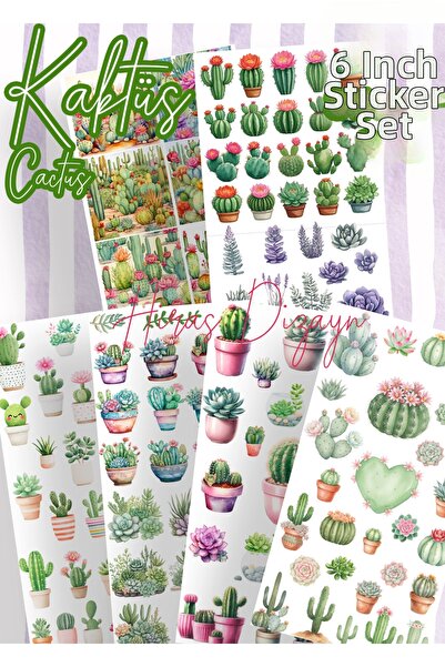 Hiras Dizayn 6 έγχρωμα φύλλα αυτοκόλλητων με θέμα τον κάκτο και τα παχύφυτα, ...