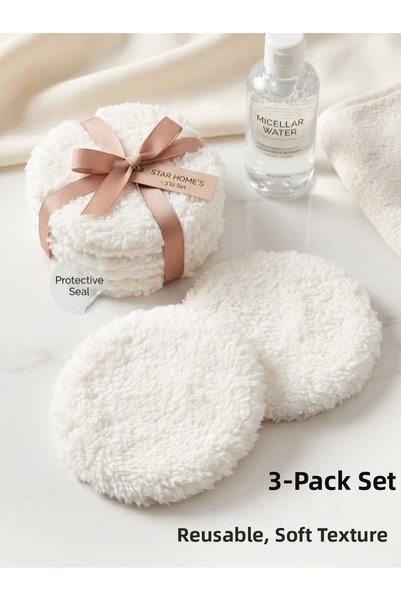 YILDIZ DİJİTAL HOME Makeup Remover Pad Large Size Set of 3 10 cm Washable Plush Cream - Star Home's