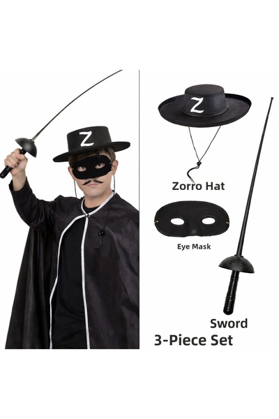 ZERO LAND Set costum Zorro ZENGEMTX pentru copii, 3 piese – Pălărie, Mască (1...