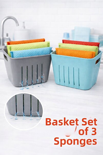 grimorlife Set de 3 bureți de spălat vase cu coș – Organizator cu scurgere, s...