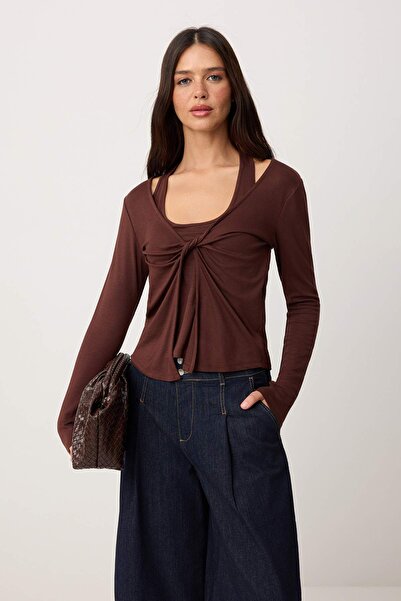 Συλλογή Trendyol Καφέ ίσια πλεκτή μπλούζα με λαιμόκοψη V και μακριά μανίκια, ...
