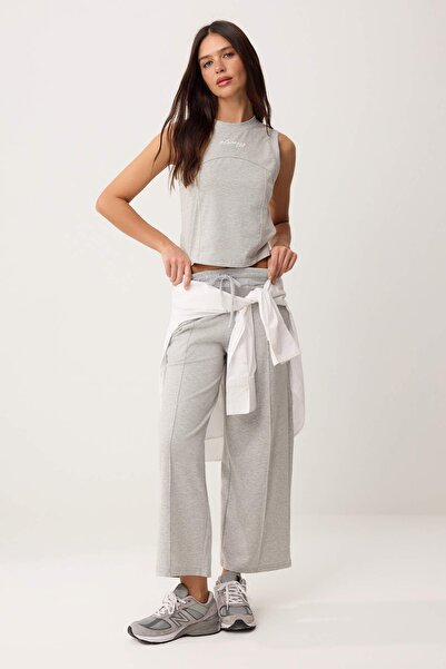 Συλλογή Trendyol Γκρι μελανζέ ίσιο φαρδύ κοντό παντελόνι με φαρδιά μπατζάκια,...