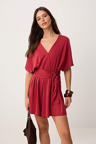 Συλλογή Trendyol Κόκκινη ζωνάτη κοντομάνικη ολόσωμη φόρμα διπλού στρώματος / ...