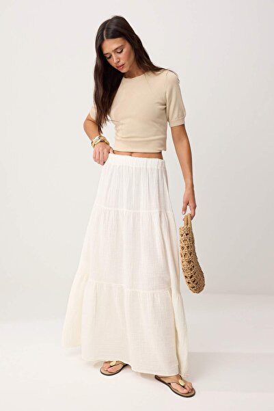 Συλλογή Trendyol Λευκή 100% βαμβακερή μουσελίνα μακριά μάξι φούστα TWOSS25ET0...