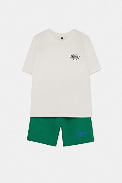 TRENDYOLKIDS Ecru 100% Cotton Crew Neck Boys' Bottom - Top Set Tkdss26Au00119