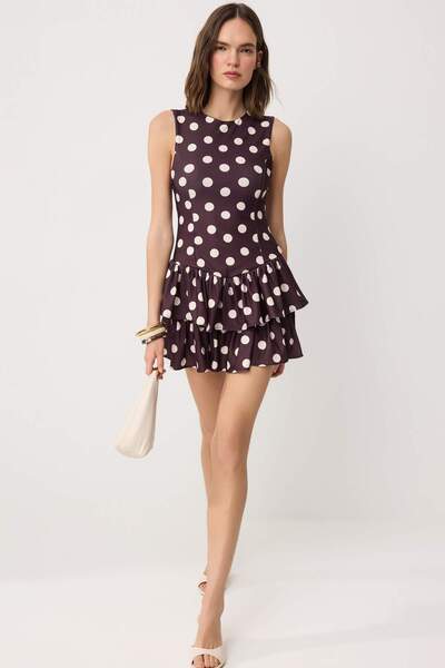 Συλλογή Trendyol Καφέ πουά αμάνικο σατέν πλεκτό φόρεμα με βολάν και εσωτερικό...