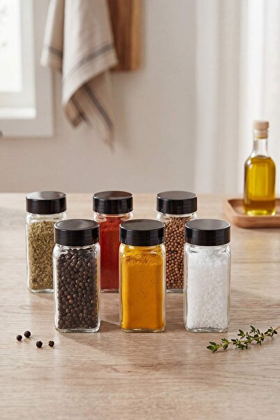 TRENDYOLMİLLA HOME Σετ 6 τετράγωνων γυάλινων δοχείων μπαχαρικών με μαύρα καπά...