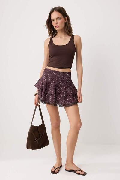 Συλλογή Trendyol Καφέ δαντελένια λεπτομερής σατέν πουά μίνι φούστα-σορτς TWOS...