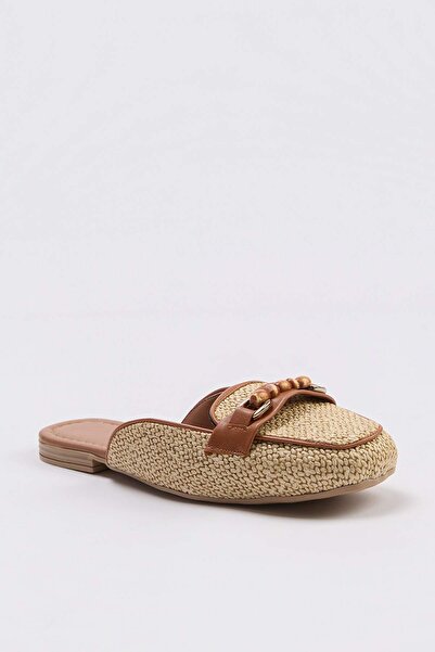 TRENDYOL SHOES Γυναικείες ψάθινες παντόφλες με λεπτομέρειες σε μπεζ χρώμα με ...
