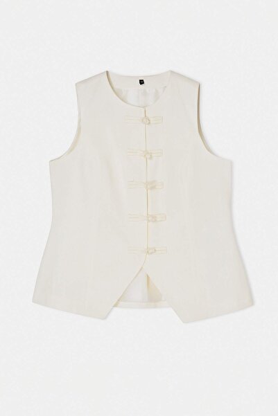 Trendyol Curve Εκρού Κινέζικο με κουμπιά Μεγάλο Μέγεθος Υφαντό Γιλέκο TBBSS26...